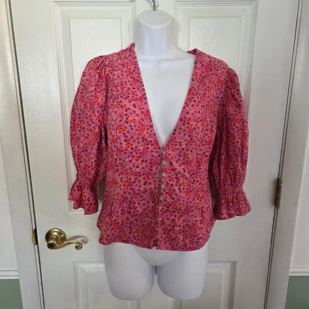 Free People Pink Floral Cotton Puff Sleeve Button Front Blouse Boho Cottage Sm